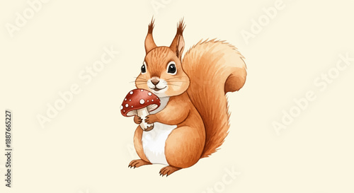 A cute, fluffy squirrel holds a red mushroom with white spots