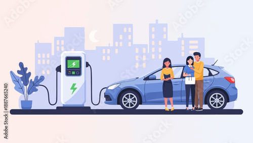 A couple stands by an electric car charging in a city with a crescent moon
