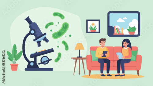 A couple studies microbes using a microscope in a cozy living room setting