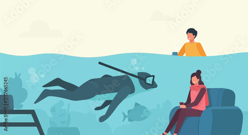 A diver explores underwater while a woman relaxes and a man drinks coffee
