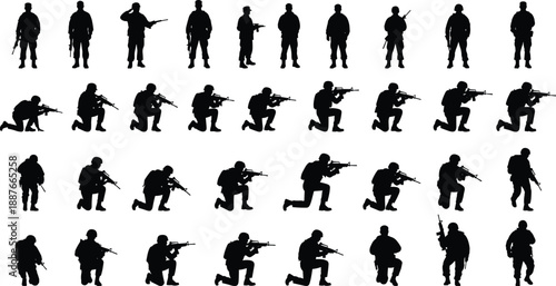 Military soldier silhouettes set showing armed troops standing, kneeling and aiming rifles in combat positions, black army figures isolated on white background