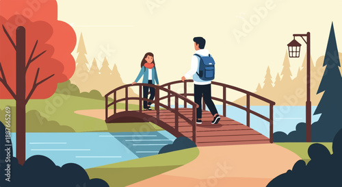 A couple walking on a bridge over a river in autumn