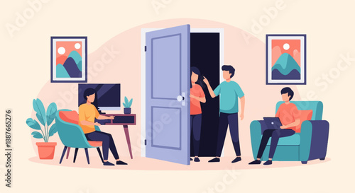 A digital illustration of people interacting and working in a modern home environment
