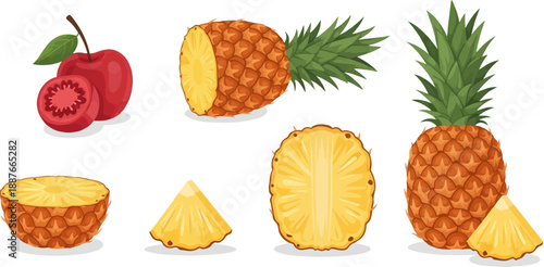 A collection of whole and sliced pineapples and a red apple with a slice