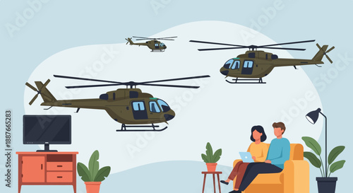 A couple uses a laptop in a room as helicopters fly overhead