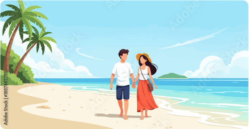 A couple walks hand-in-hand on a sandy beach with palm trees