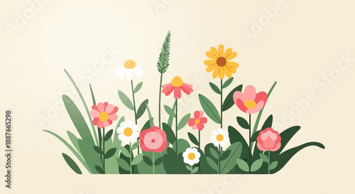 A colorful array of blooming flowers and green leaves on a pale background