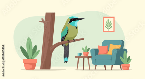 A colorful bird perches on a tree branch indoors next to furniture
