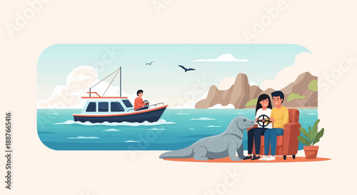 A couple with a pet sea creature enjoys a boat ride on the ocean