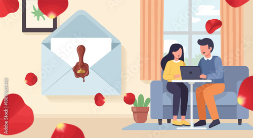 A couple works on a laptop in a cozy room with rose petals floating around