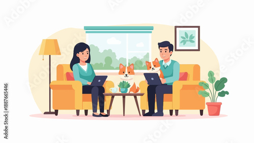 A couple works on laptops with dogs on a sofa by the window