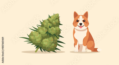 A cute corgi sits next to a large cannabis bud on a light background