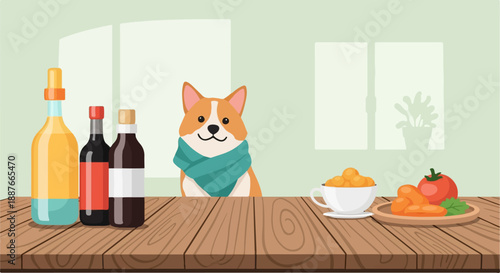 A cute corgi wearing a scarf sits behind a wooden table with drinks and food