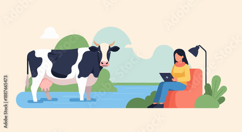 A cow stands in water while a person works on a laptop indoors