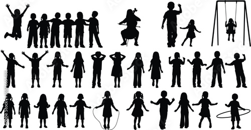 Children silhouettes set showing boys and girls playing, jumping, standing together and enjoying activities, playful kid figures isolated on white background