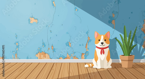 A cute corgi sits by a potted plant in front of a distressed blue wall