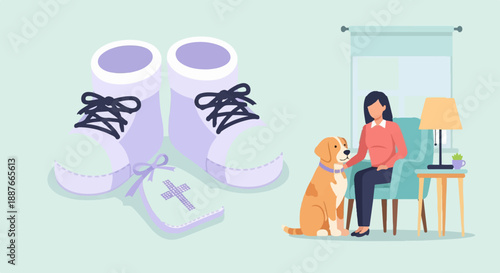 A child's shoes and bib sit near a woman petting her dog