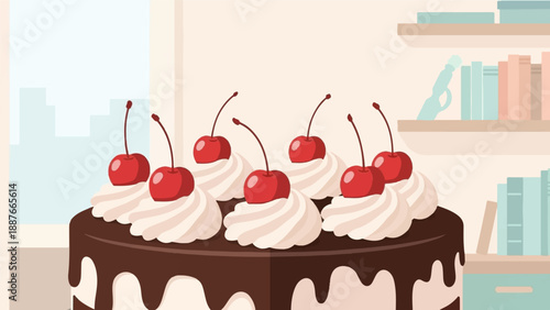 A chocolate cake with whipped cream and cherries sits near a window