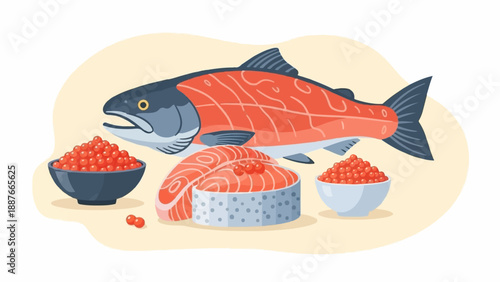 A colorful illustration of a whole salmon, steaks, and bowls of red caviar