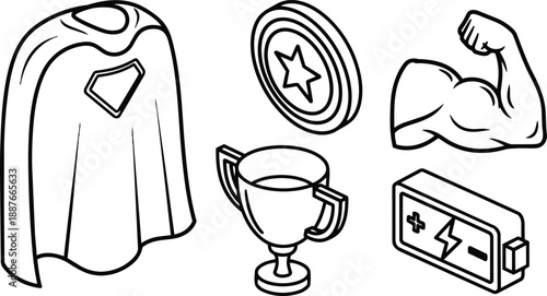Line art isometric set of superhero icons showing cape hanging looking at viewer flexing arm with trophy medal and energy battery in outline style clean monochrome