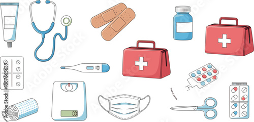 Medical first aid illustration set with kit stethoscope thermometer mask pills bandages and healthcare equipment