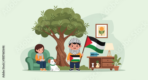 A child holds a flag beside a woman on a couch with a dog