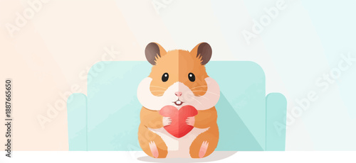 A cute cartoon hamster sits on a sofa holding a heart