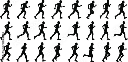 Running man silhouettes set showing male athlete jogging and sprinting in motion sequence, black runner figures isolated on white background