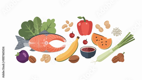 A colorful illustration of healthy food items arranged horizontally