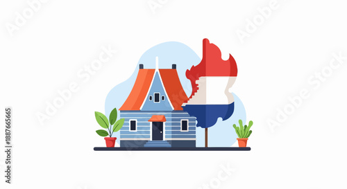 A cozy blue house with an orange roof stands beside a tree shaped like the Netherlands flag