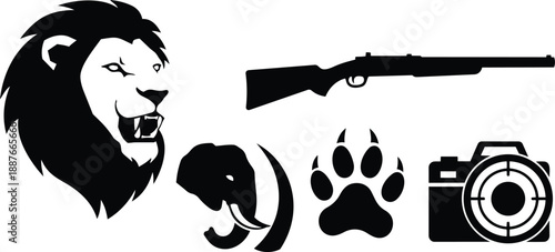 Flat silhouette vector wildlife hunting icons set with roaring lion head elephant tusk paw print rifle and camera target bold black monochrome side view close up