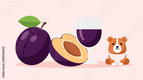 A cute cartoon dog sits by plums and a glass of dark red wine
