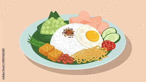 A colorful illustration of a traditional Indonesian meal on a plate