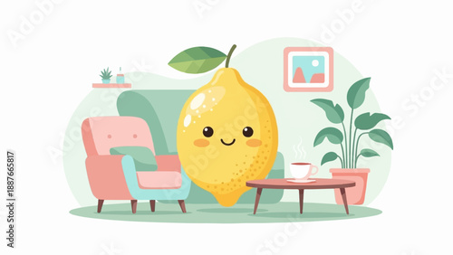 A cheerful lemon character relaxes in a cozy room with a chair