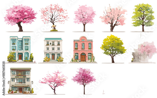 Zestaw ilustracji drzew kwitnących wiśni i uroczych kamienic miejskich na przezroczystym tle.