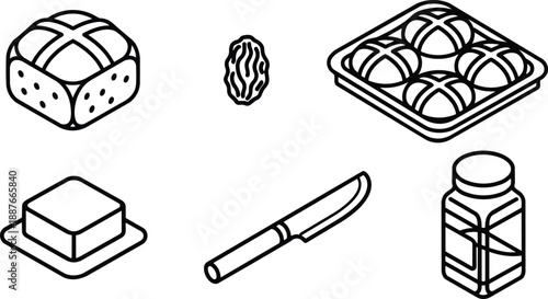 Minimal line art isometric bakery icon set showing hot cross bun raisin bun tray butter pad spreader knife and jam jar close up black outline simple