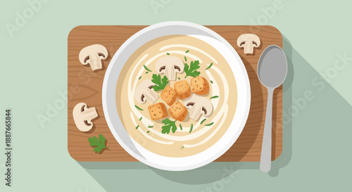 A comforting bowl of creamy mushroom soup with croutons and parsley