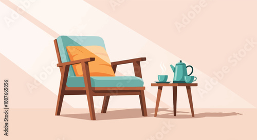 A comfortable armchair with a tea set on a small side table in soft light