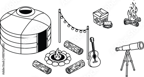 Flat design isometric yurt camp scene close up stone fire pit three logs acoustic guitar telescope on tripod smores box hanging string lights warm evening glow