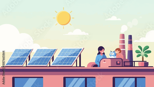 A cheerful factory with solar panels, a plant, and happy people with a cat