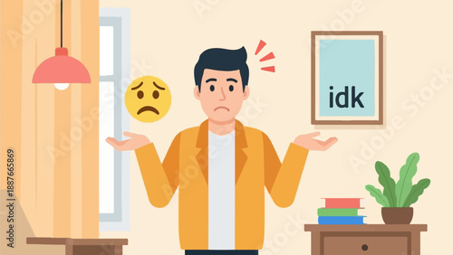 A confused person shrugging with a sad face and "idk" on the wall