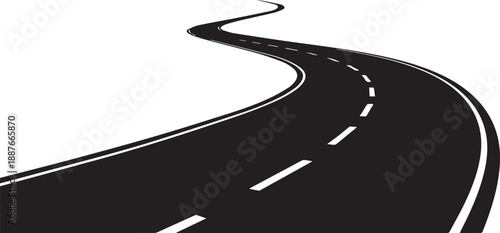 A winding black road with white markings curves into the distance on a stark white background