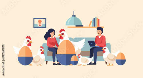 A cozy indoor scene with people and chickens interacting with large eggs