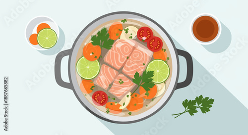 A delicious salmon stew with vegetables and lime slices in a pot