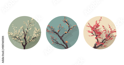 Zestaw trzech okrągłych ilustracji z gałązkami kwitnących drzew wiśni lub śliwy w stylu azjatyckim.