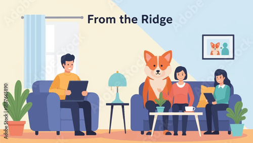 A cozy interior scene with people, a dog, and plants