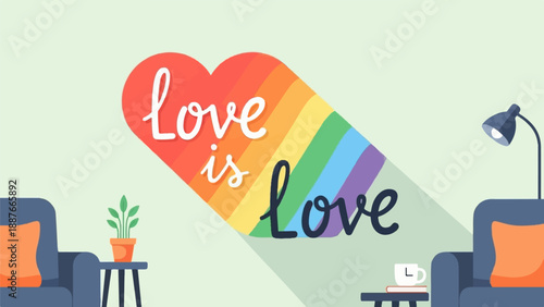A cozy interior features a rainbow heart with the words "love is love" on a wall