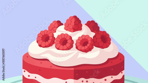 A delicious red cake topped with creamy frosting and fresh raspberries