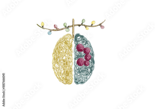 Ilustracja mózgu wiszącego na gałęzi z lampkami, symbolizująca zdrowie psychiczne i chorobę.