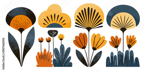 Zestaw abstrakcyjnych, stylizowanych kwiatów i roślin w ciepłej palecie barw na białym tle.